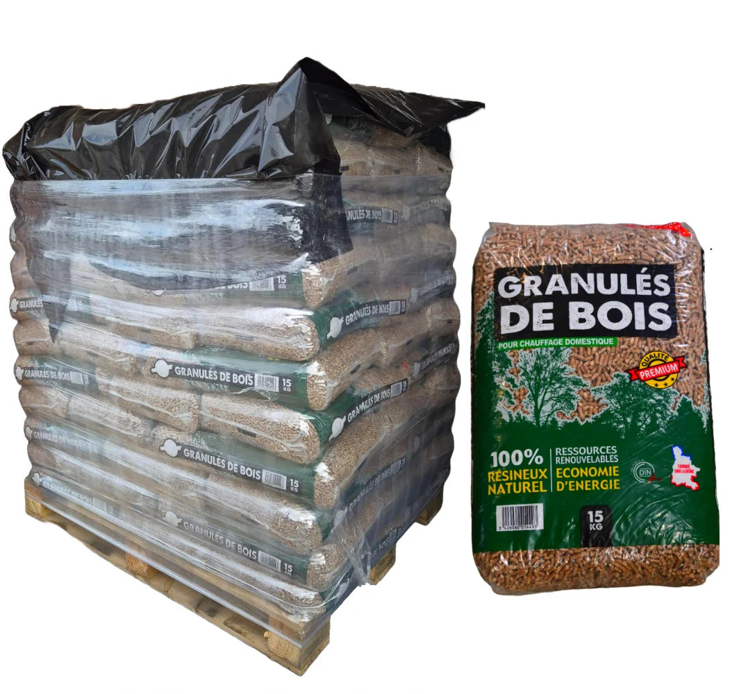 Palette mit Holzpellets, 66 Säcke ECOBOIS Premium-Pellets
