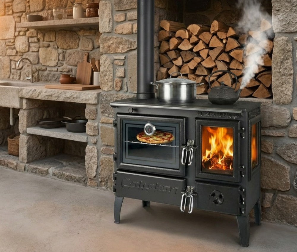 EEK A - Panorama-Holzherd Modell 214-3D links mit 6,04kW - Viel Gusseisen!