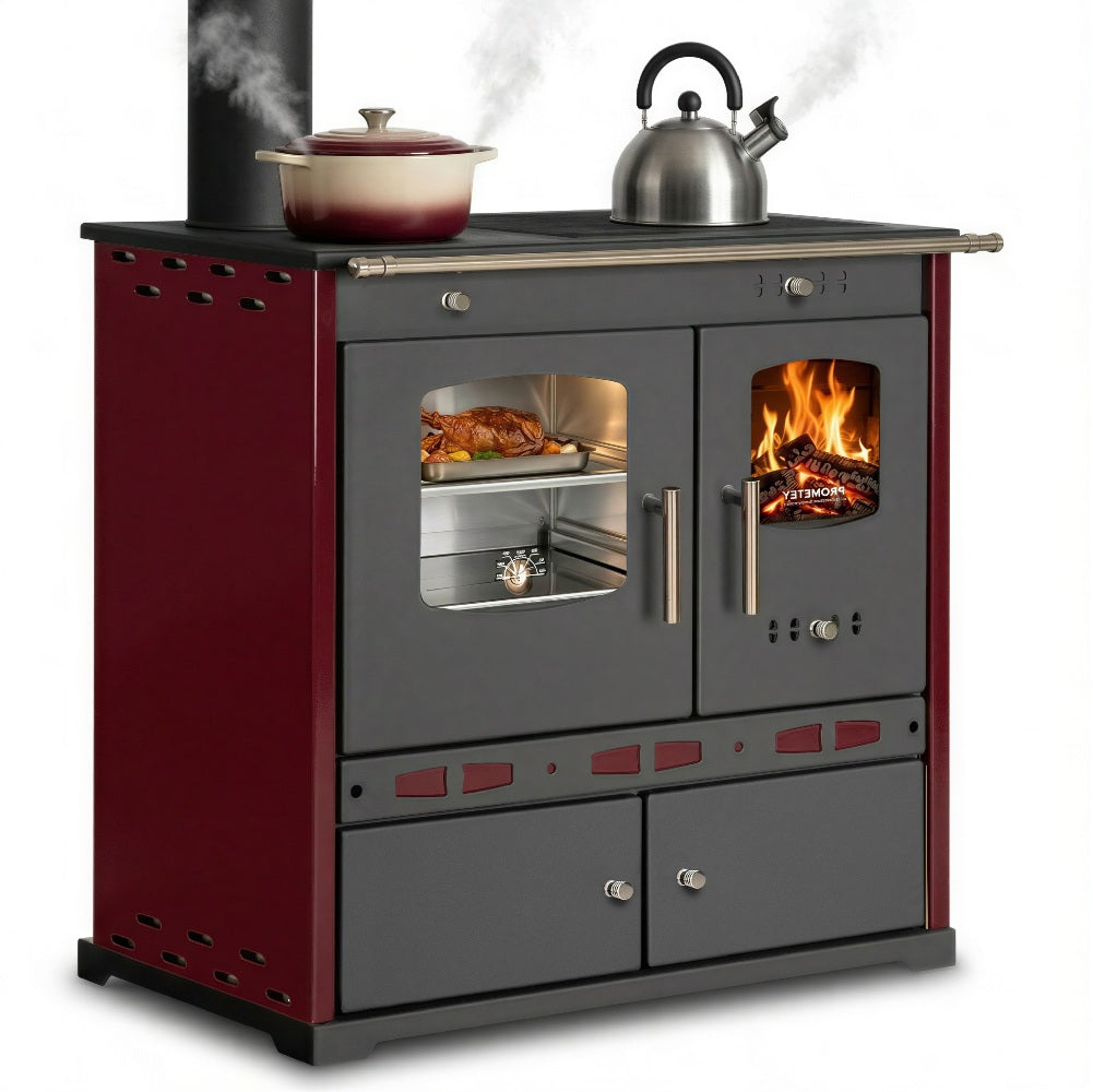 EEK A+ Küchenofen Holzherd ECO LUX INOX, Edelstahlbackfach, bordeaux, linke Version - 7,1 kW