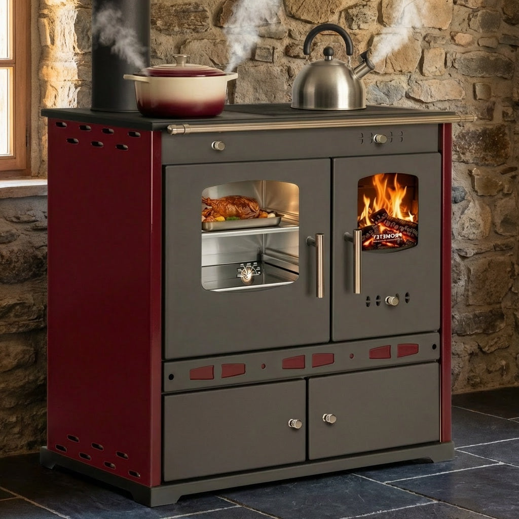 EEK A+ Küchenofen Holzherd ECO LUX INOX, Edelstahlbackfach, bordeaux, linke Version - 7,1 kW